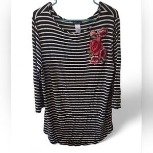 Black & White Striped Floral Applique Women’s Top
